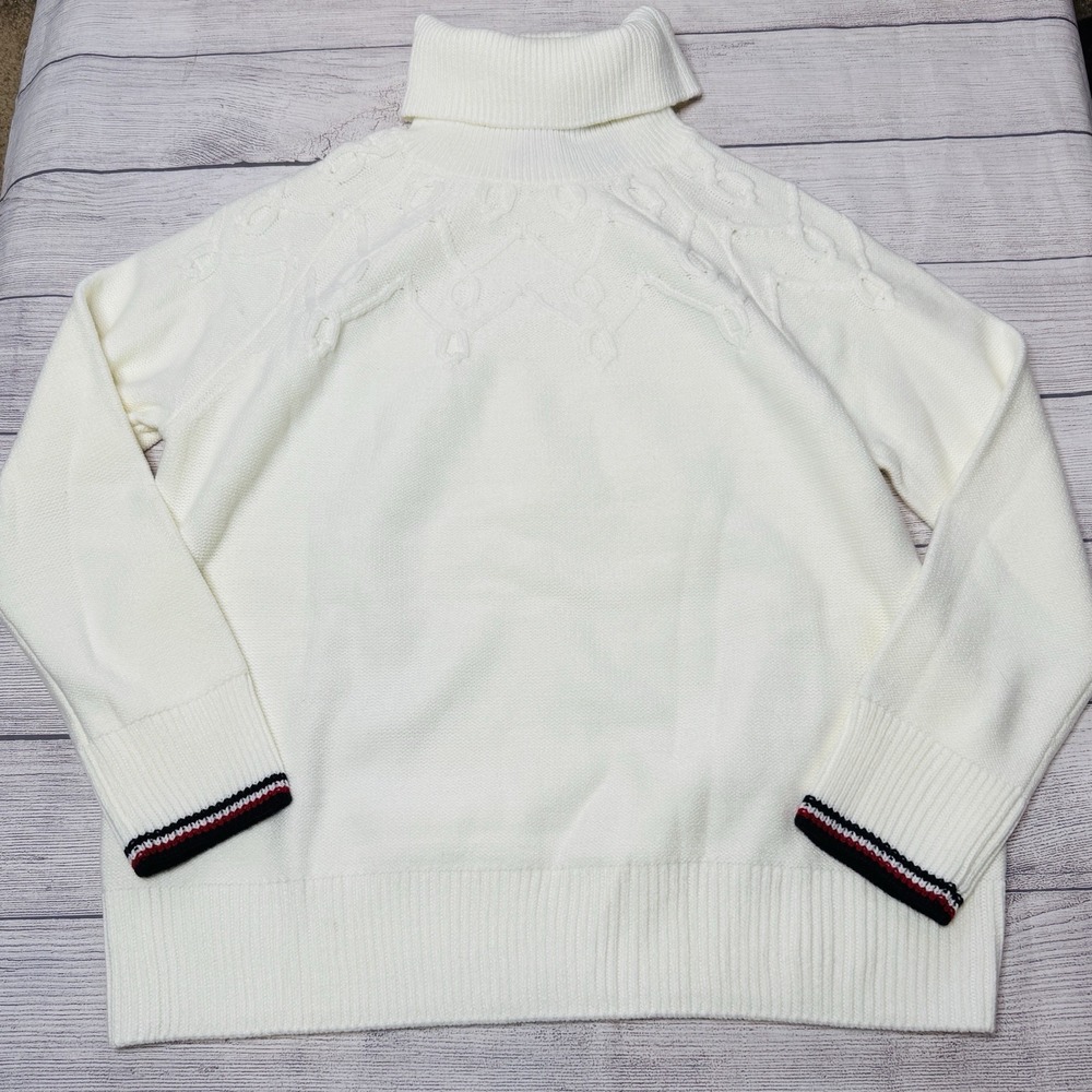 Tommy Hilfiger Cable‎ Knit Turtleneck Sweater Ivory Women's Size XL Classic Cozy